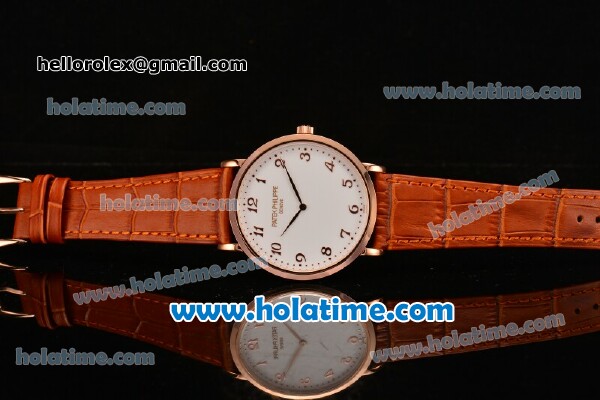 Patek Philippe Calatrava Miyota OS2035 Quartz Rose Gold Case with Arabic Numeral Markers White Dial and Brown Leather Strap - Click Image to Close